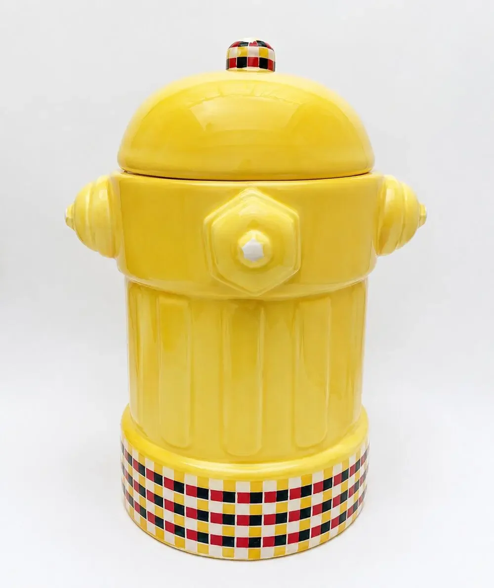 MSRF Inc Fire Hydrant Cookie Jar Yellow Ceramic Checkerboard 12